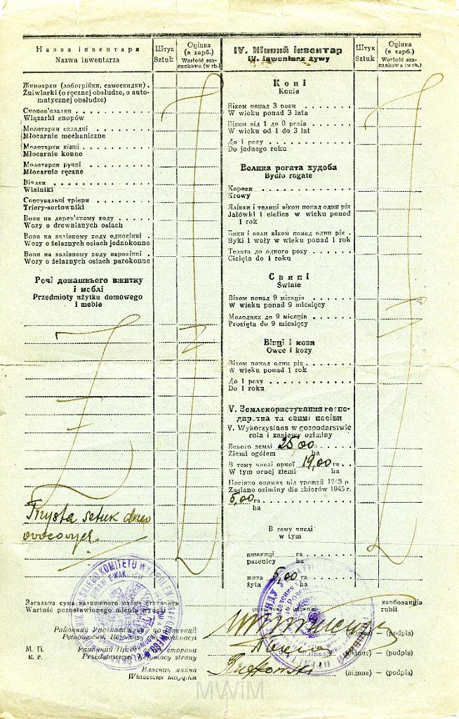 KKE 3514-a.jpg - Dokument Rosyjski. Opis mienia pozostawione na Wołyniu przez rodzine Rutkowskich, Sarny, 1945 r.